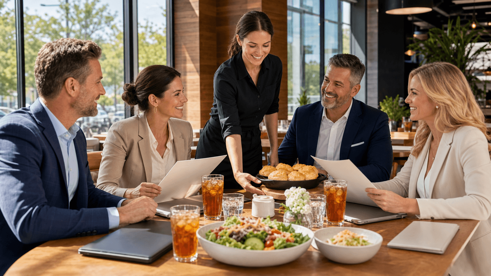 Sunlit restaurant table with plates, water glasses, and a menu, blurred diners and city street through window.