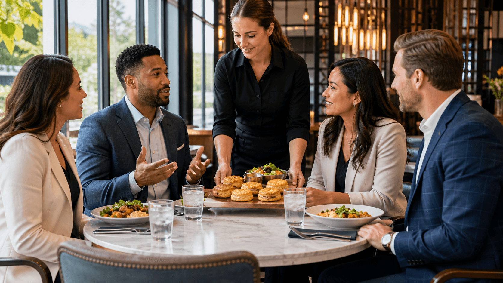 Sunlit restaurant table set for a business lunch with menus, water glasses, and leather chairs.