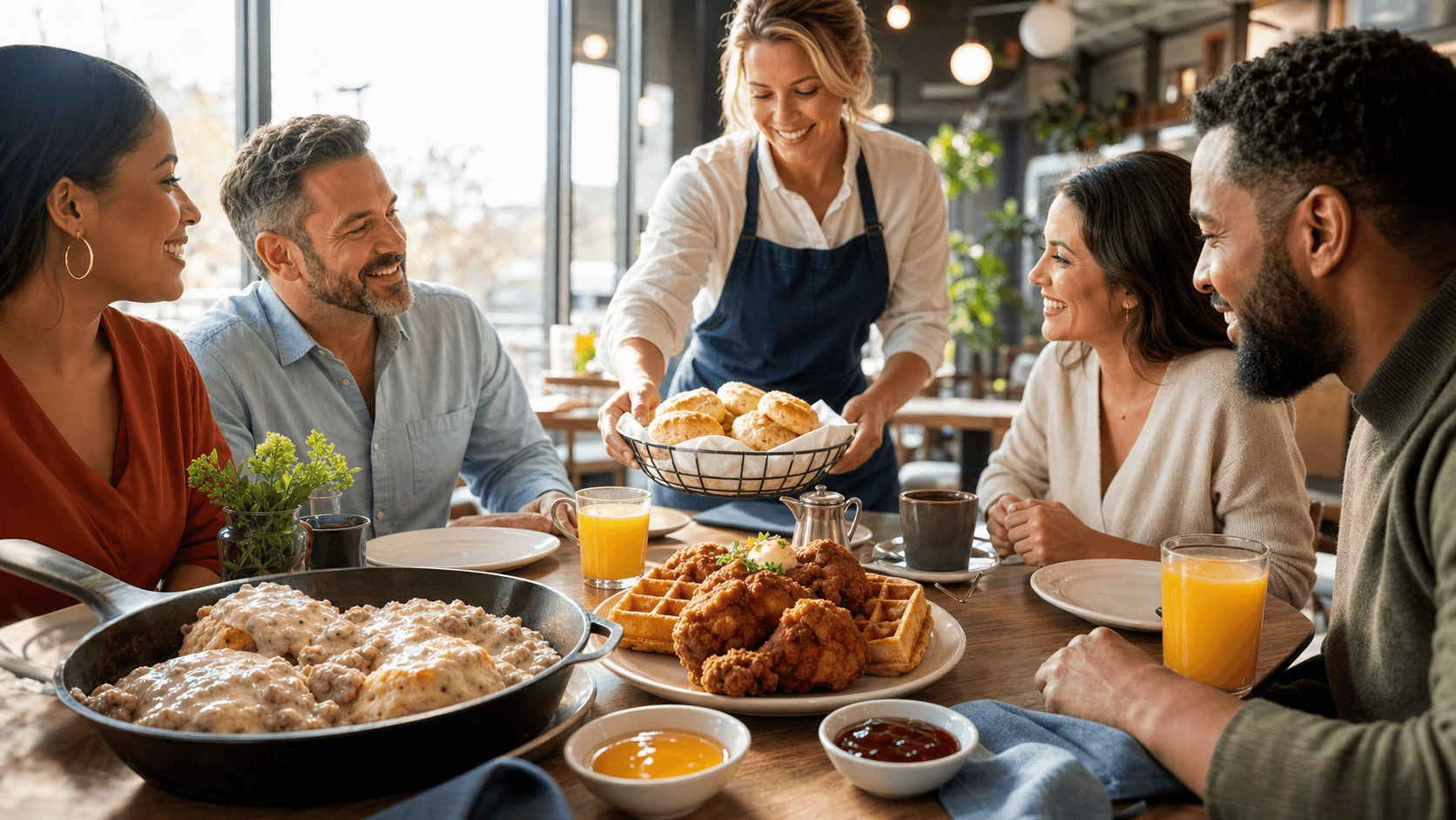 Sunlit plate of biscuits and gravy with scrambled eggs and crispy bacon on a wooden table, warm golden tones.