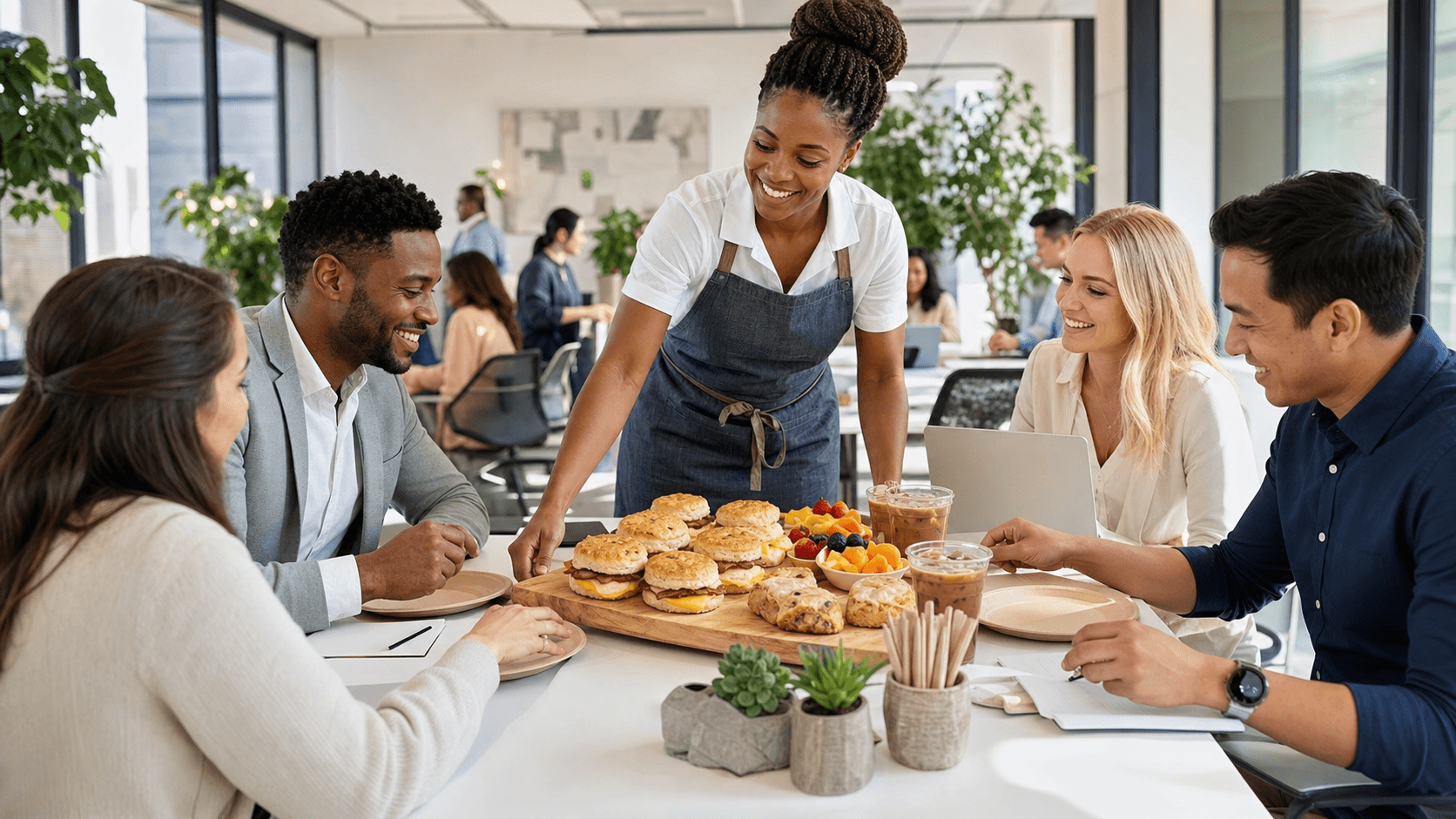 Sunlit breakfast spread with pastries, fruit, and coffee on a buffet table, with warm tones and soft background blur