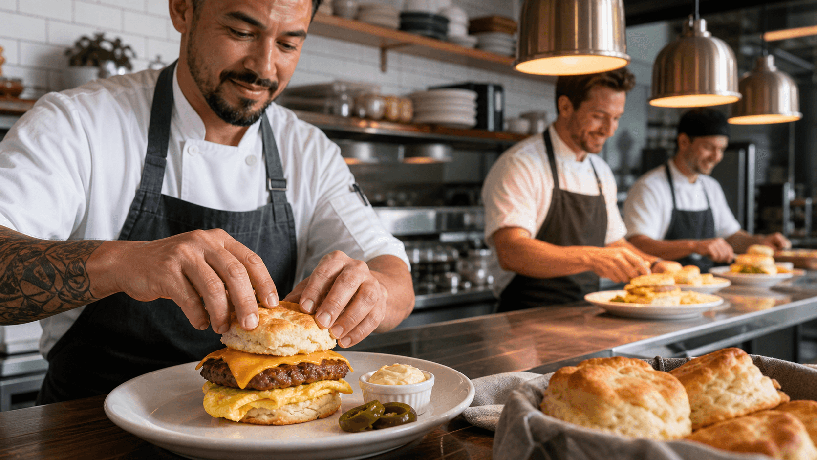 Golden biscuit breakfast sandwich with egg and bacon on a white plate, sunlight casting soft shadows on a wooden table