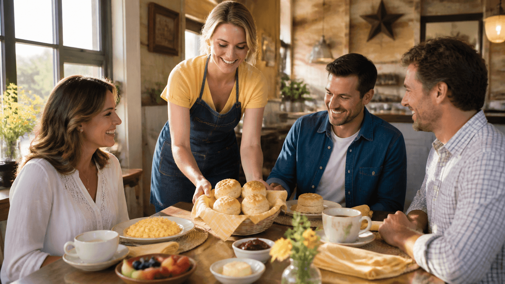 Warm biscuits, eggs, bacon, and fruit arranged on a sunlit family breakfast table.