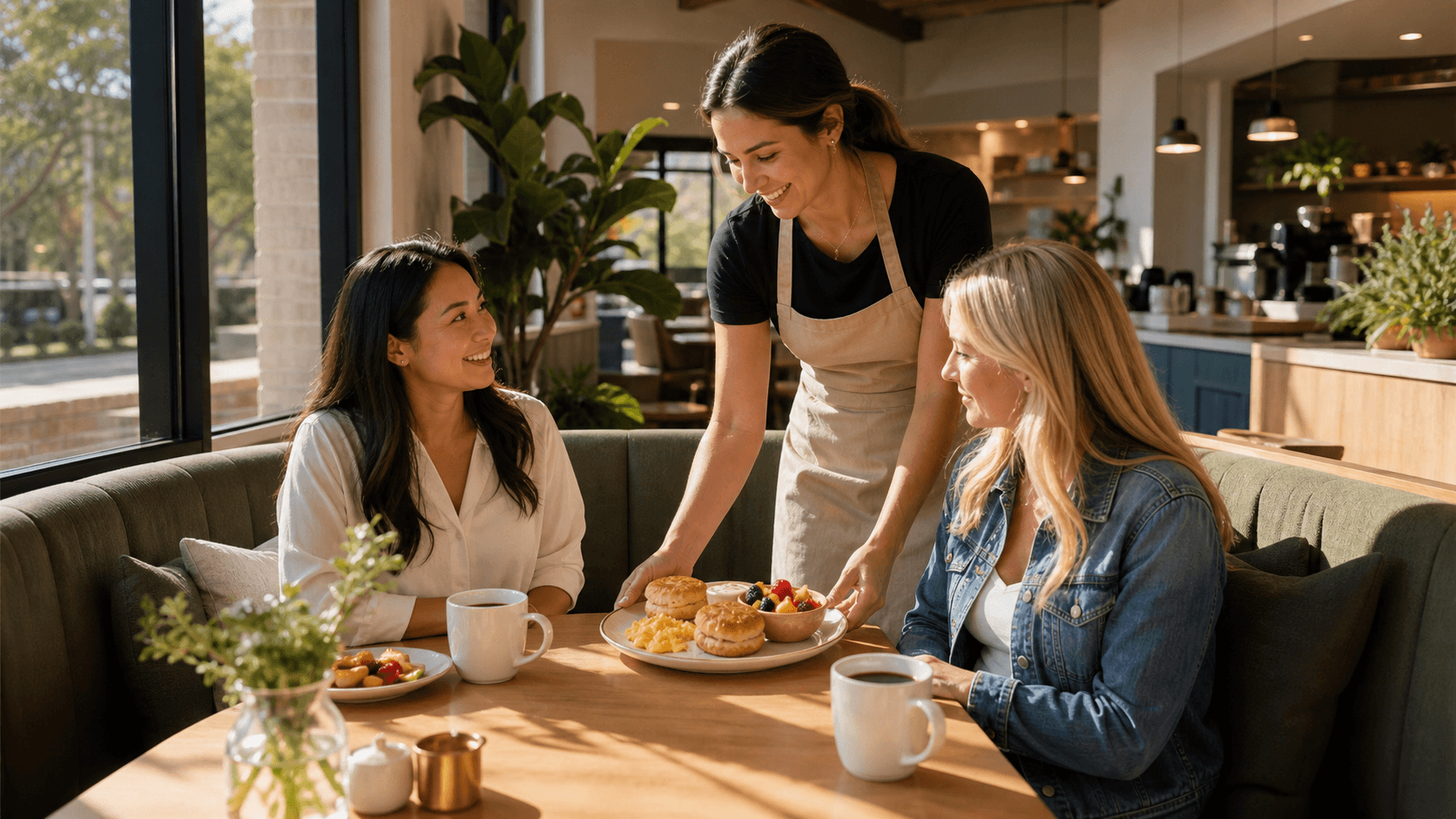 Sunlit café table with coffee, pancakes, and fresh flowers beside a window with warm wood accents.