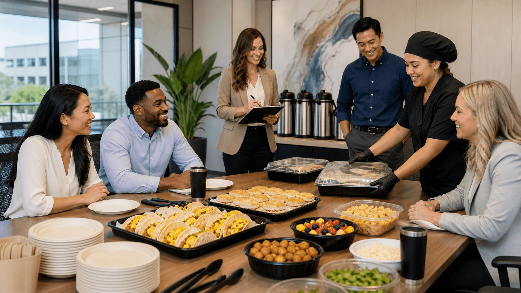 Sunlit conference table with boxed lunches, salads, and drinks arranged neatly beside notepads and a laptop.