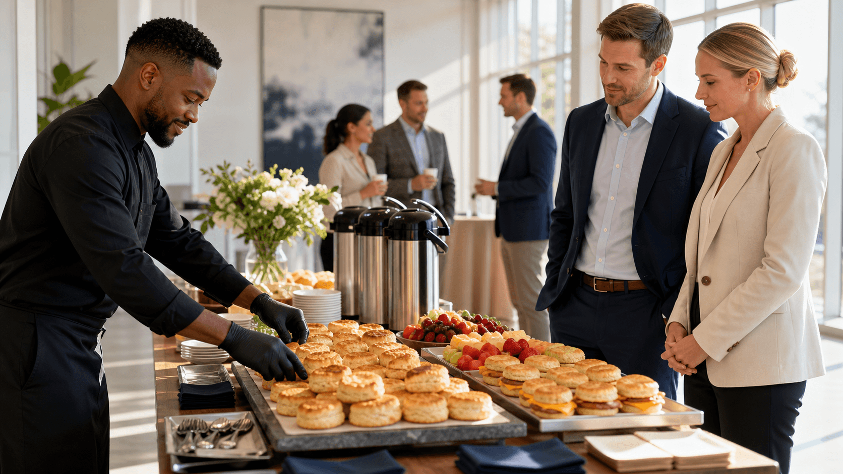 Sunlit breakfast spread with pastries, fruit, and coffee on a buffet table, with a blurred event room in the background