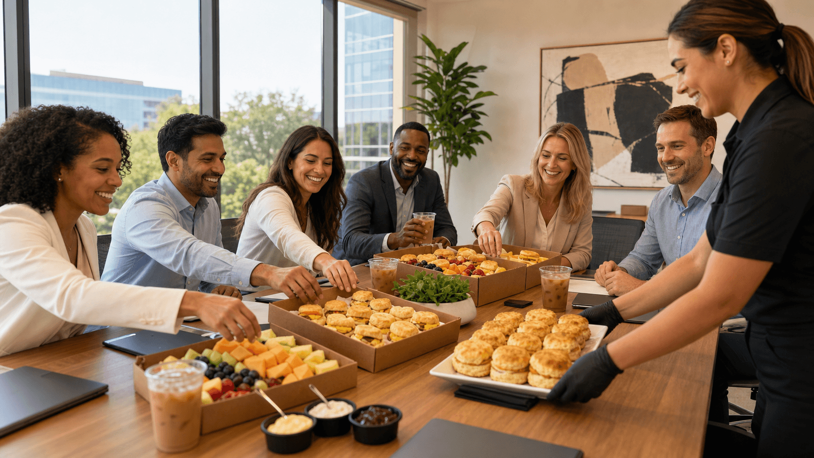 Sunlit conference table with croissants, fruit, and coffee beside laptops, with a bright summer city view behind