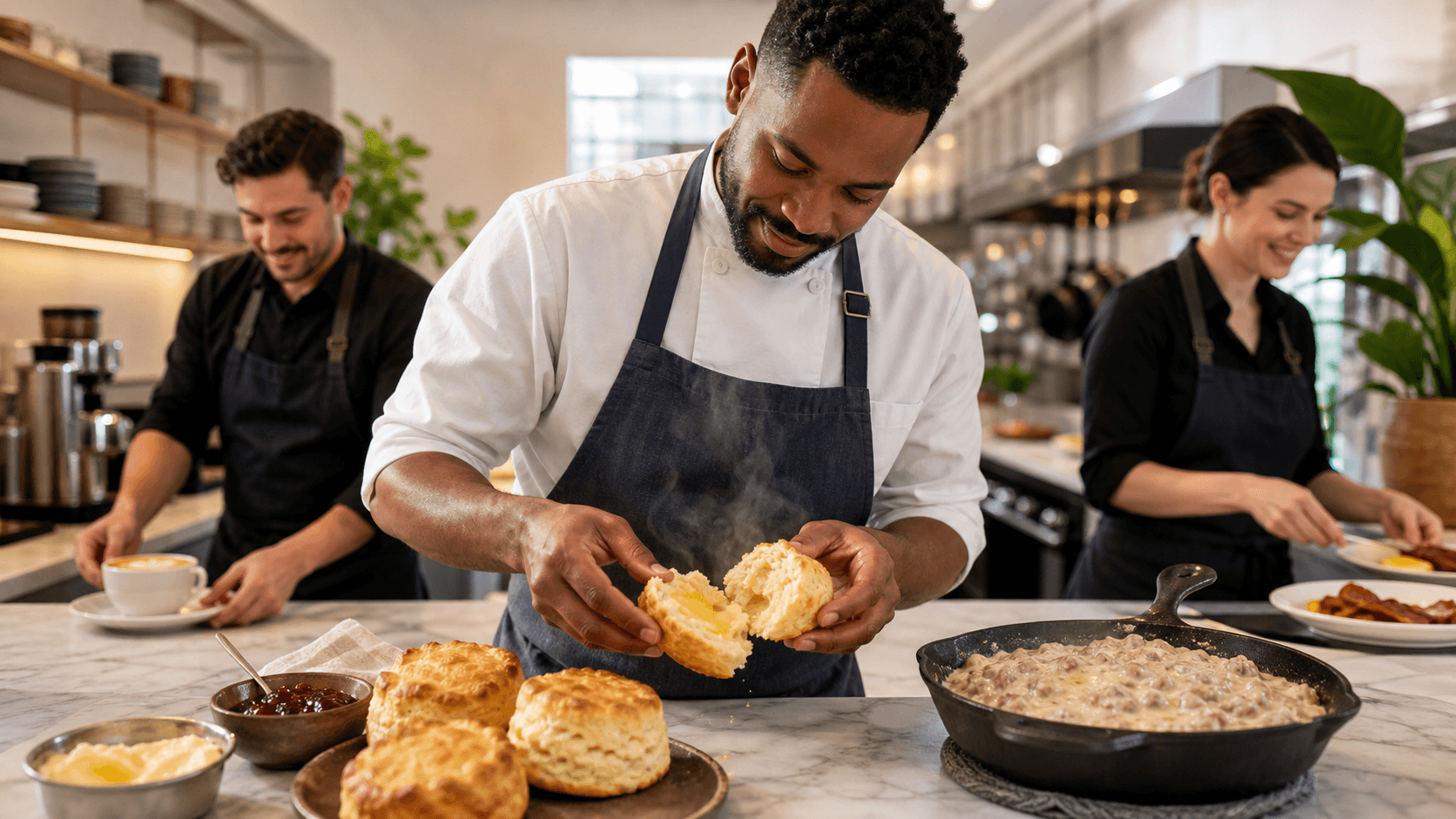Golden buttermilk biscuits on a rustic plate with gravy and eggs, warm morning light on a wooden table