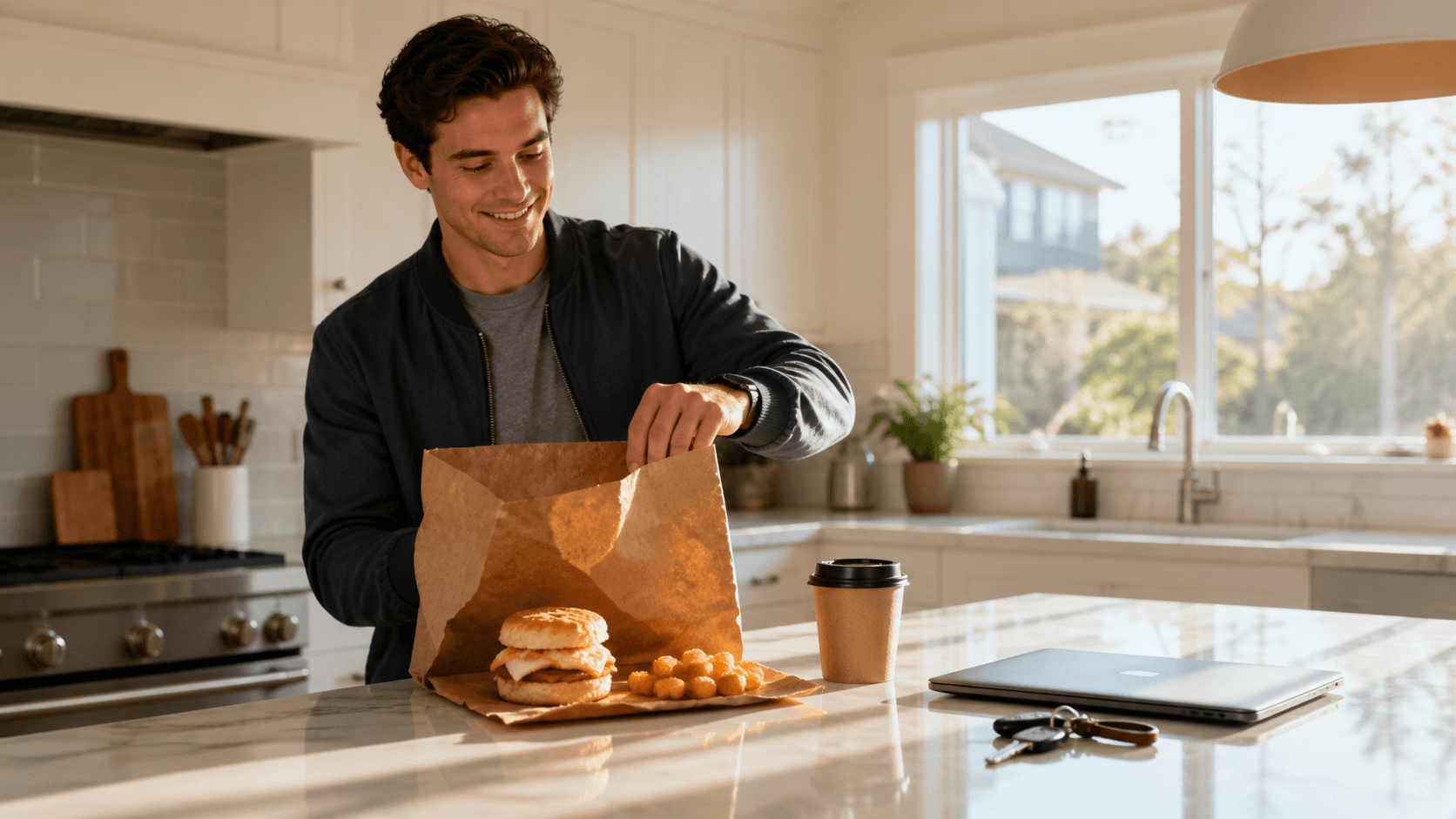 Sunlit breakfast takeout spread with eggs, pancakes, bacon, and coffee on a wooden table.